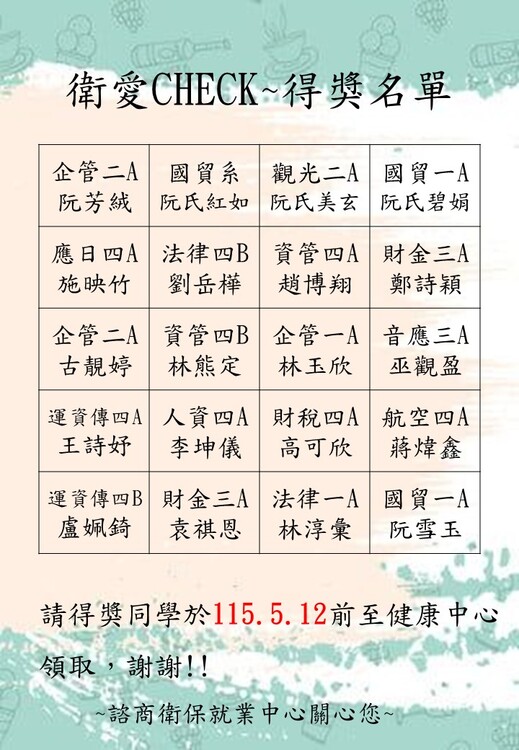 115健康促進系列活動~衛愛CHECK得獎名單圖片